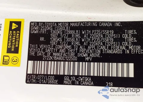 2013 Lexus Rx z USA, uszkodzony, nr VIN 2T2ZK1BA8DC122500